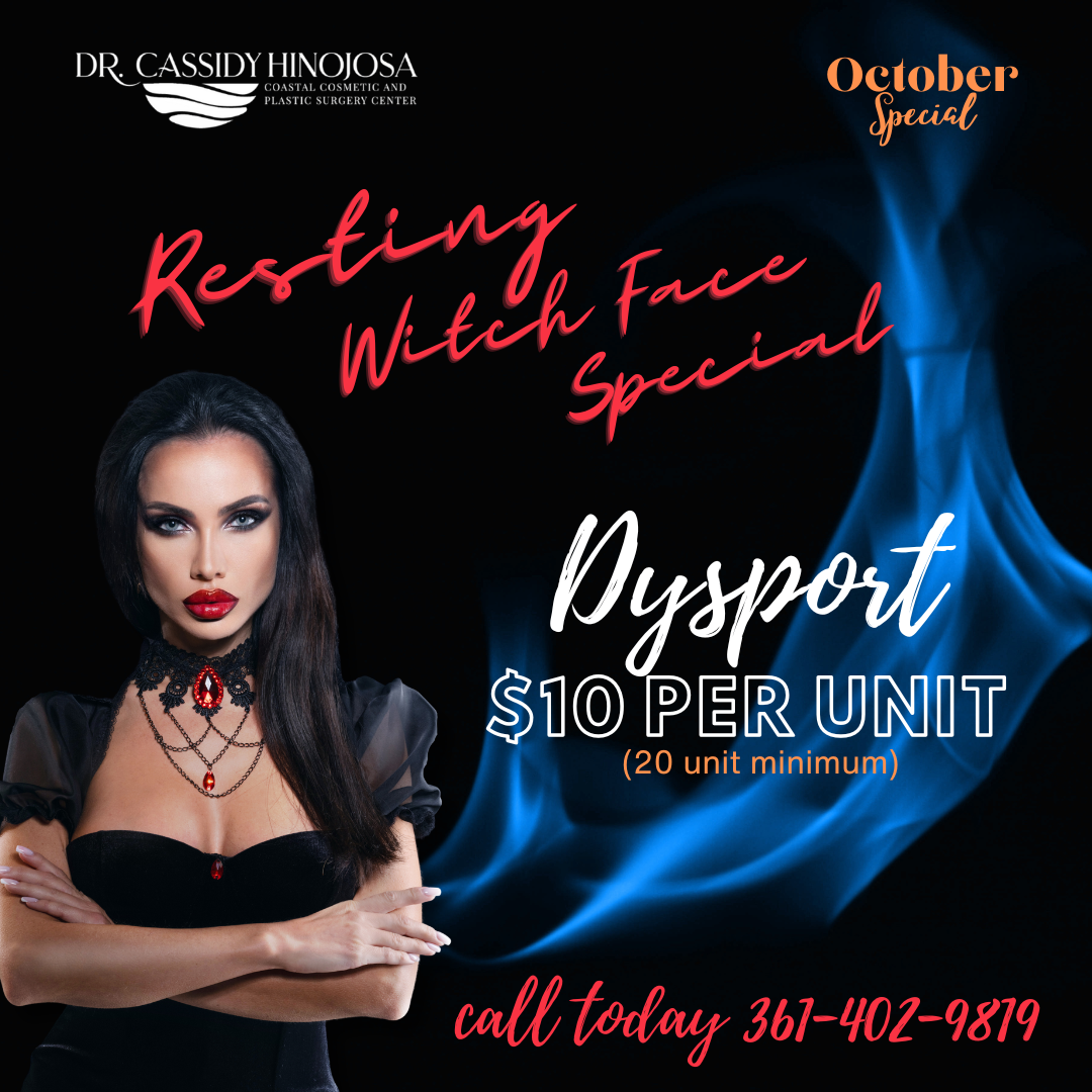 image of woman in gothic halloween outfit with text reading "Dysport $10 per unit, 20 unit minimum)